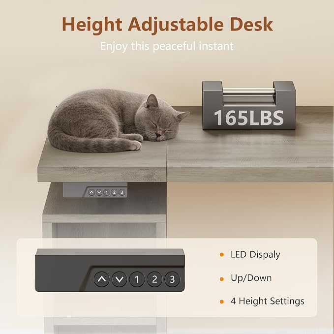 71" LED L Shaped Standing Desk with Hutch and Drawers, Farmhouse | Farmhouse Height Adjustable Sit Stand Desk, Large Corner Computer Desk with File Cabinet, Power Outlets & LED Lights, Grey
