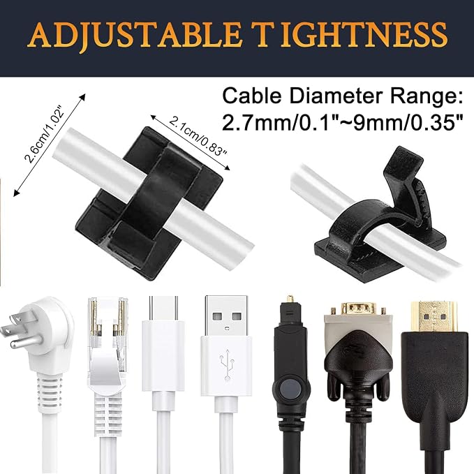 SOULWIT 50Pcs Adjustable Cable Management Clips, Adhesive Organizers Sticky Wire Clips Cord Holder for TV PC Ethernet Under Desk Wall Home Office