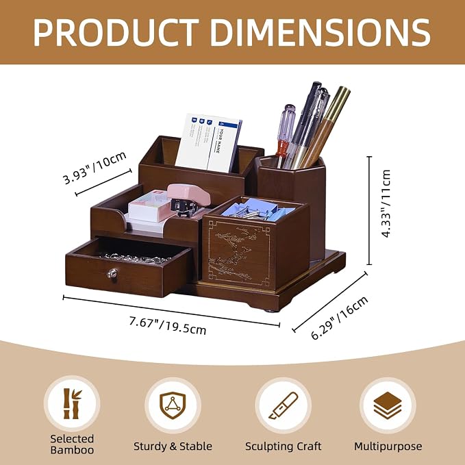Bamboo Desk Organizer with Drawer, Wood Pen Holder & Card Slot, Brown | Desktop Storage Caddy, Office & Home | Natural Solid Bamboo, No Assembly, Non-Slip Base | Multi-Compartment, Ready to Use