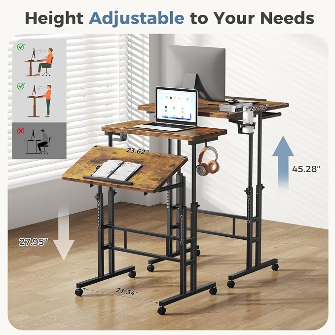 Simple Deluxe Split Top Rotating Standing Desk on Wheels – 23.6" Manual Adjustable Height Mobile Laptop Computer Table – Sit Stand Rolling Workstation with Tilt Function – Brown