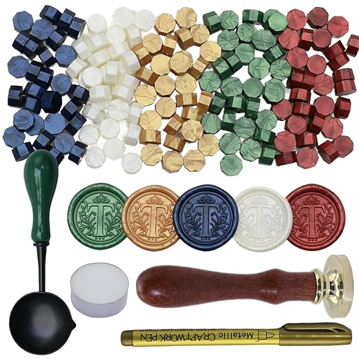 Initial Alphabet Wax Seal Stamp Kit, Retro Letter T Sealing Stamp with 150Pcs Sealing Wax Beads Spoon Pen Set for Wedding Invitations Cards Envelopes (T)