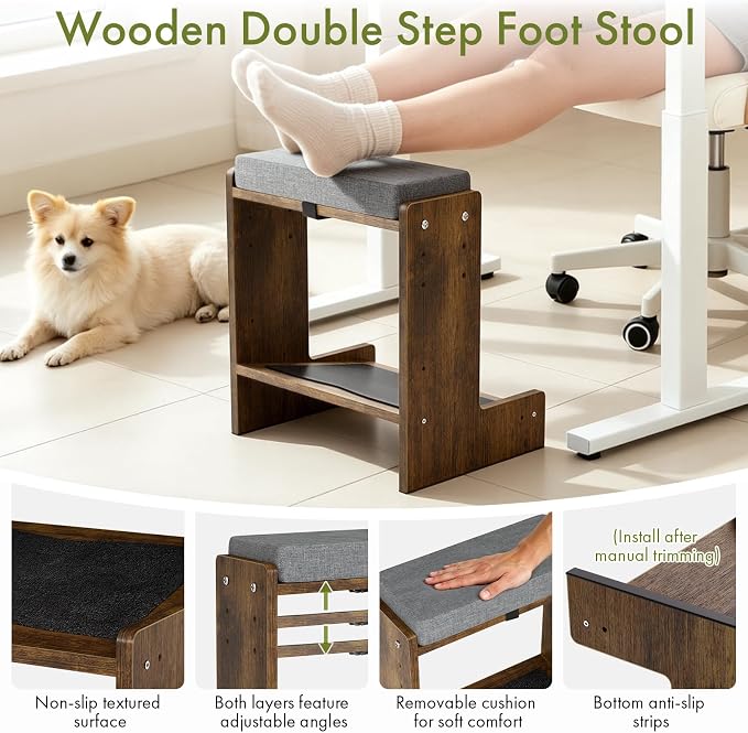 Adjustable Double Step Foot Rest Under Desk, Wooden Foot Stool for Office & Home with Cushioned Layers, Ergonomic Footrest for Desk, Leg Rest for Comfortable Sitting