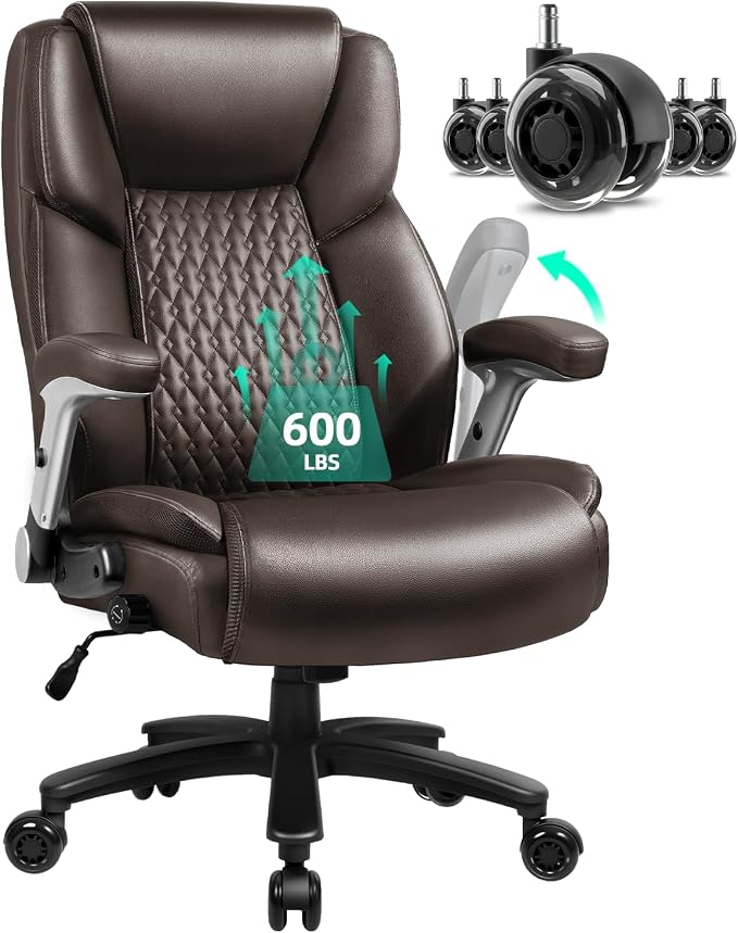VITESSE 600lbs Big and Tall Office Chair with Flip up Armrest, Large Heavy Duty with Ergonomic Lumbar Support, Executive Office Chair for Heavy People with Rubber Wheel(Brown)