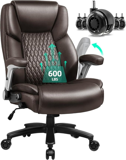 VITESSE 600lbs Big and Tall Office Chair with Flip up Armrest, Large Heavy Duty with Ergonomic Lumbar Support, Executive Office Chair for Heavy People with Rubber Wheel(Brown)