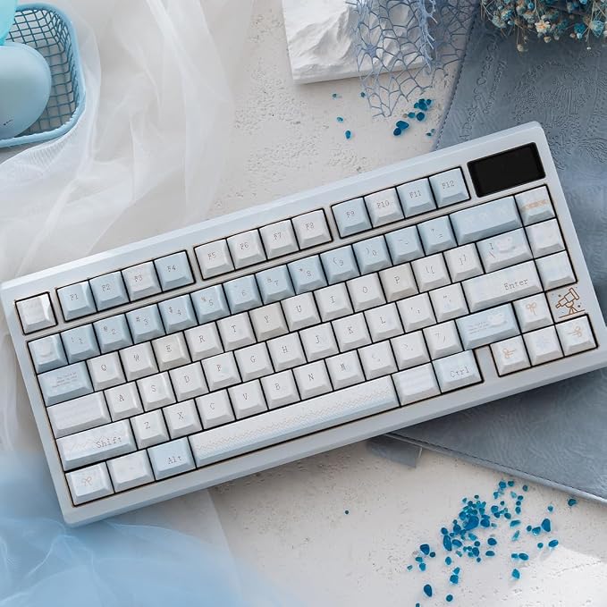 PBT Keycaps, Minimalist Blue Keycaps Set, 136 Keys Cherry Profile Keyboard Caps, Custom Dye-Sublimation Key Cap for 61/64/68/84/87/100/104/108 Cherry MX Mechanical Keyboards (Winter Letter)