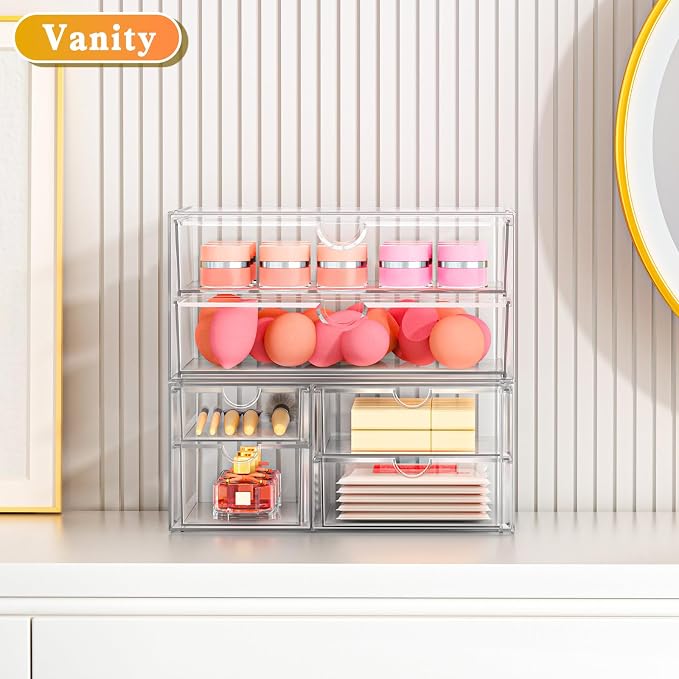ARSTPEOE Acrylic Organizer with 6 Drawers, Bathroom Counter Organizer, Makeup Desk Organizers, Office Supplies, Storage Drawers for Cosmetic, Pencil, Coffee