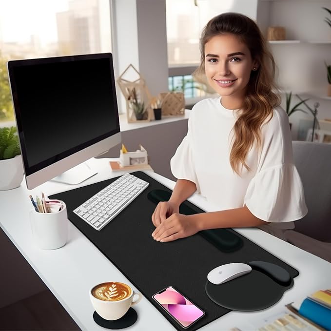 LIMKRIAN Black Mouse Pad Set Large Desk Matt for Desktop, Ergonomic Mouse Pad with Wrist Rest, Gaming Wrist Support Keyboard Mat Cup Coaster Set Cute Office Desk Decor Accessories(Obsidian Black)