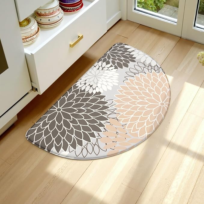 KIMODE Half Circle Kitchen Mats for Floor Cushioned Anti Fatigue Semi Round | Half Round,28"x18",Dahlia Boho,Pink,Kitchen Rug Non Slip ,Waterproof Sink Floor Mat Carpet Decor for Laundry Bathroom