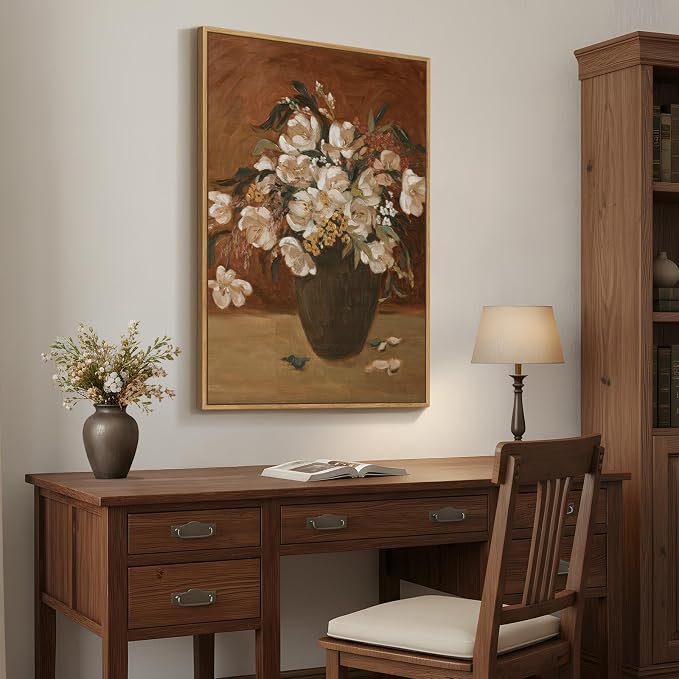 Framed Vintage Floral Wall Art for Living Room, Rustic Retro Flower Brown Canvas Painting Print, Antique Botanical in Vase Vertical Picture for Kitchen Bedroom Hallway Office Wall Decor, 24x36 Inch