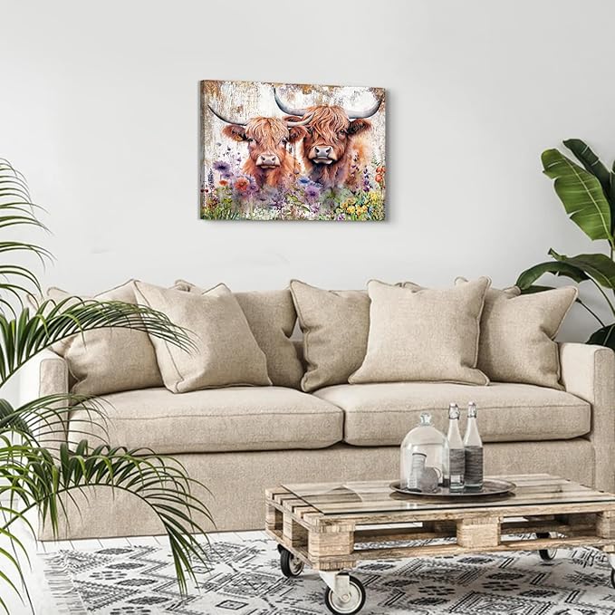 Rustic Cow Pictures Wall Decor Bathroom Farmhouse Highland Cow Wall Art Living Room Vintage Wildflower Cattle Poster Bedroom Farm Animal Canvas Prints Modern Artwork Kitchen Bed Home Decoration 16x24”