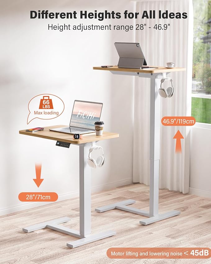 FiCiHi Electric Standing Desk with Wheels – Adjustable Height Mobile Sit-Stand Laptop Table, Portable Rolling Small Computer Workstation for Home Office & Bedside Use (24"x16", Maple)
