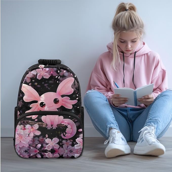 Ystardream Elementary Backpack and Lunch Bag Set for Girls Kindergarten School Funny Axolotl Bookbags with Side Pockets for Water Bottles with Soft Pencil Case & Water Bottle Sleeve for Student