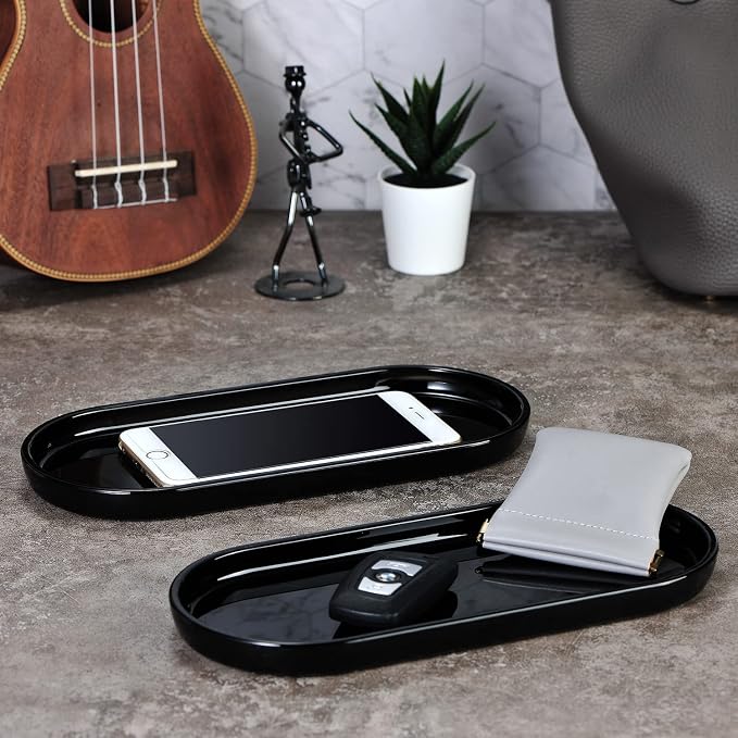 SheeChung Acrylic Vanity Tray, Bathroom Makeup Organizer Countertop, Black | 9.65" x 4.5", Perfume Jewelry Candle Dispenser Catchall Tray, Sturdy Holder for Cabinet Shelf Closet Drawer Organizer, 2 Pack