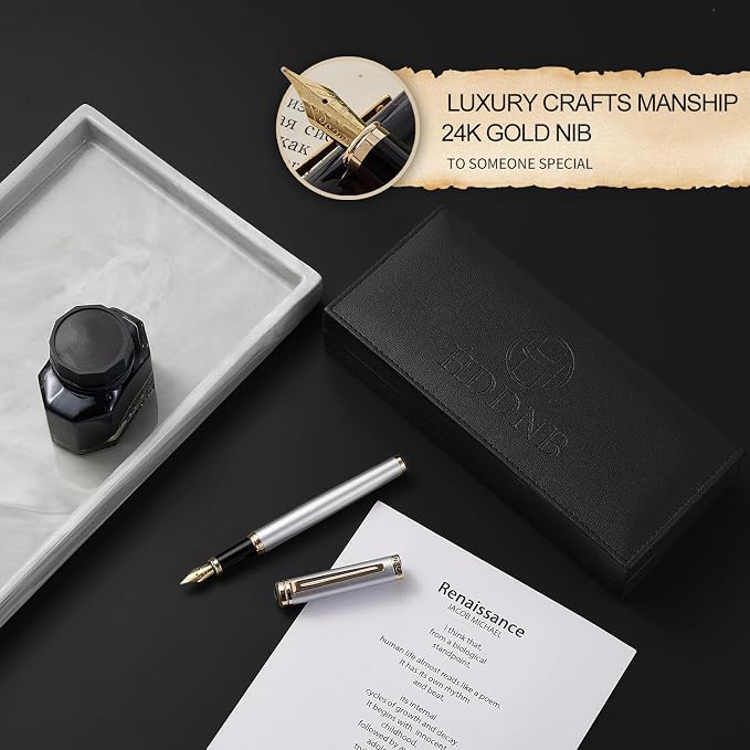 Silver Luxury Fountain Pen Set for Men and Women with Gift Box, 24K Gold Finish and Gilded Nib(Medium) with 5 Black Ink Cartridges and Converter
