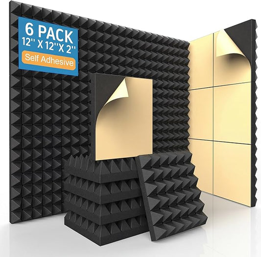 6 Pack AUSLET Acoustic Panels 12 x 12 x 2 Inches, Pyramid Sound Proof Foam Panels for Wall, High Density Black Acoustic Foam Panels,Soundproof Wall Panels