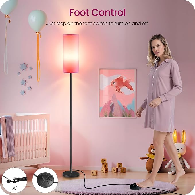 2 Pack Dimmable Pink Floor Lamps for Living Room with 2 Remotes and Foot Switch, Corner Floor Lamp, 64.4'' Standing Tall Lamp, 10W 900LM Bulb Included, 3000K-6500K, Linen Shade, FCC Listed P06LDP205W1