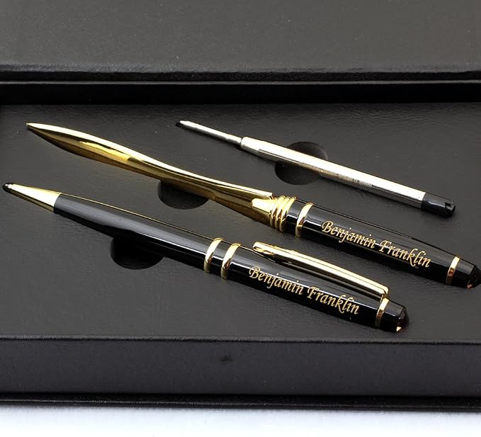 Custom Engraved Executive Pen Gift Set – Personalized Brass Ballpoint Pen with Matching Paper Tool – Elegant Gift Box (Black)