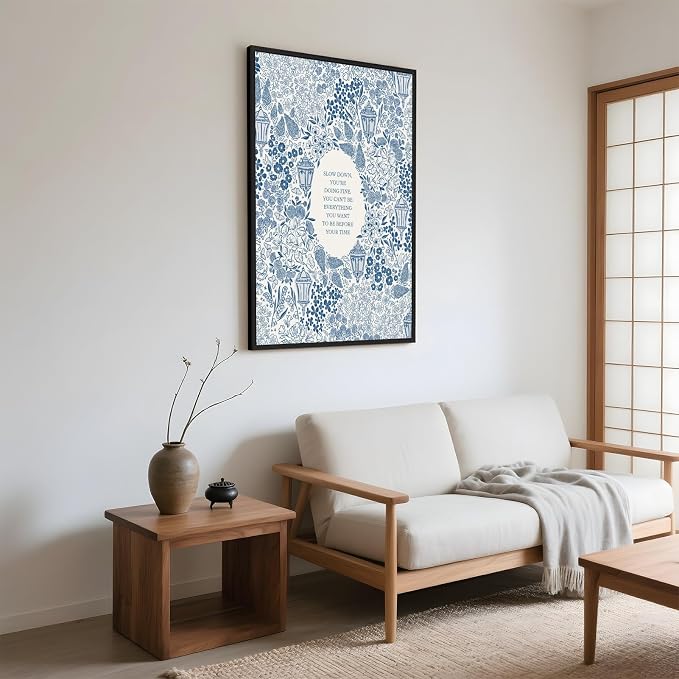 Framed Slow Down Youre Doing Fine Music Posters Motivational Quote Wall Art Blue Victorian Floral Inspirational Canvas Print Vintage Aesthetic Positive Affirmation Office Home Calming Decor 16x24inch