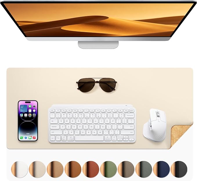 Aothia Dual-Sided Desk Mat - Natural Cork & Leather Desk Protector, Large Mouse Pad, Waterproof Blotter, Writing Pad for Office/Home, Beige (25.6"x13.7")