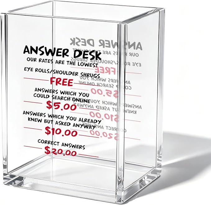 Funny Office Acrylic Cosmetic Pen Pencil Holder Cup, Answer Desk Rates Cute Pencil Organizer, Humorous Receptionist Desk Accessories, Gag Sarcastic Gifts for Women Men Boss Employee（A15）