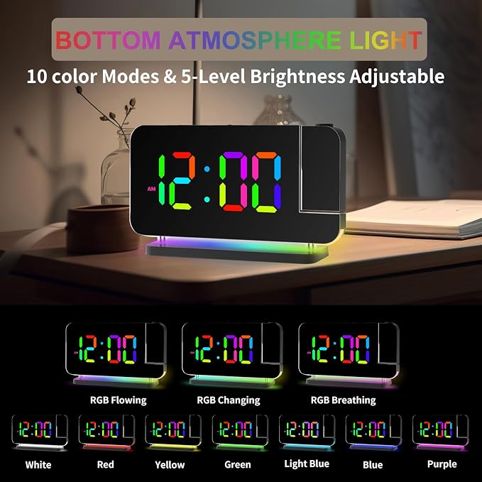 Projection Alarm Clock for Bedroom Ceiling,RGB Digital Clocks Radio with | 10 Colors RGB Night Light,Loud Alarm Clock for Heavy Sleepers,USB C Charger Port,Snooze,12/24H,Auto Dimming
