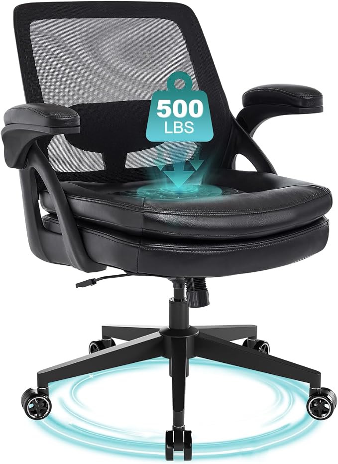 Big and Tall Office Chair, 500lbs Mesh Heavy Duty Ergonomic Desk Chair with Flip-up Armrests, Plus Size Wide Seat in PU Leather, 360 Swivel Computer Executive Task Chair for Home Office (Black)