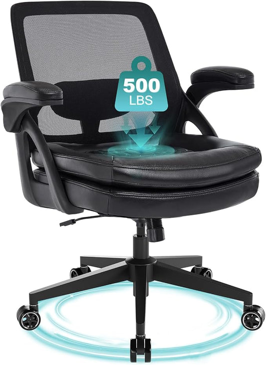 Big and Tall Office Chair, 500lbs Mesh Heavy Duty Ergonomic Desk Chair with Flip-up Armrests, Plus Size Wide Seat in PU Leather, 360 Swivel Computer Executive Task Chair for Home Office (Black)