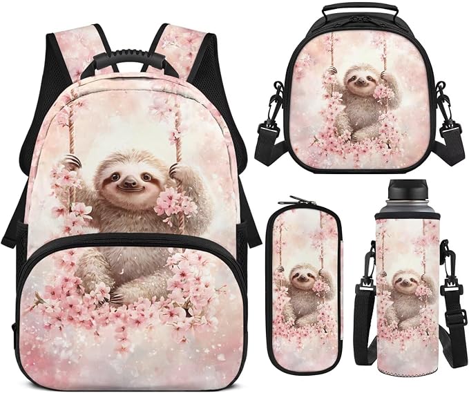Cute Sloth Backpack for Kids Girls Elementary School 4PCS Set, 17 Inches Cherry Blossoms Bookbag with Lunch Box for Kids Age 6-8 Back to School, 1st 2nd 3rd Grade