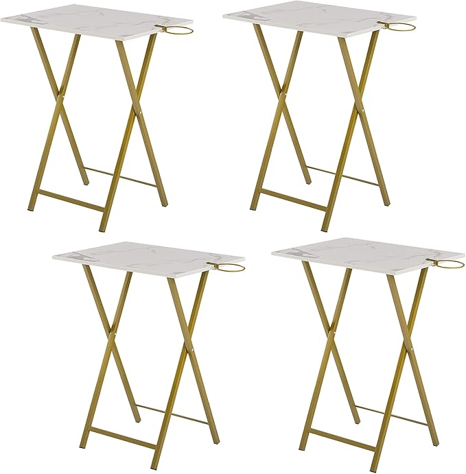 VECELO Folding TV Tray for Eating Set of 4, Portable Dinner/Snack Table with Cup Holder for Couch, Living Room and Small Space, Gold