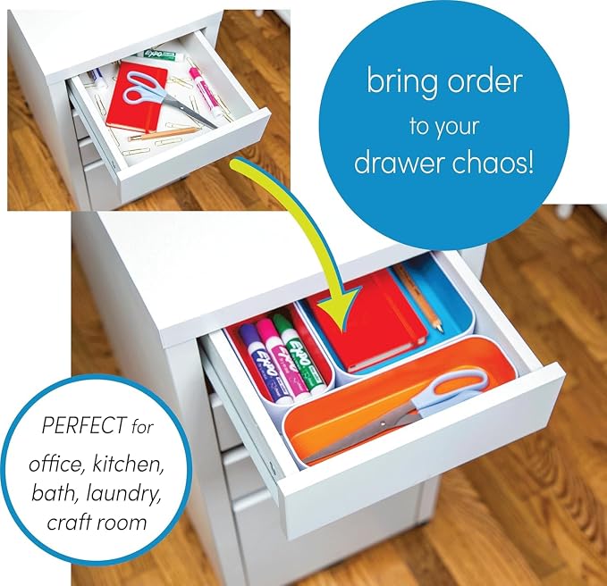 Three by Three Seattle Metal Drawer Organizer Tray Set, 6-Pc, 2" (Classic) | Deep 2" food-safe colorful metal bins; soft non-scratch base; kitchen, vanity, bathroom & office drawer storage