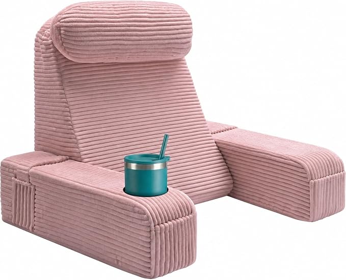Reading Pillow for Adults, Back Pillow for Bed Sitting Up, Backrest Pillow for Sitting in Bed, Detachable Arms with Built-in Cup & Phone Caddy (Dusty Pink-Corduroy, 21 INCH)