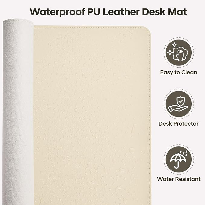 Leather Desk Pad Protector, Office Desk Mat, Large Mouse Pad, Non-Slip PU Leather Desk Blotter, Waterproof Computer Desk Writing Pad for Office and Home (Beige, 36" x 17")