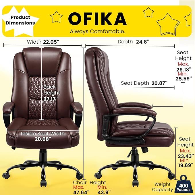 OFIKA Leather Office Desk Chair,Ergonomic Office Chair with Lumbar Support,Computer Chair,Executive Leather Chair with Padded Flip-up Arm,Adjustable Armrests, Black,275LBS