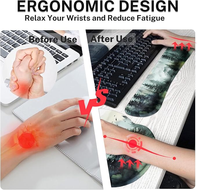 Britimes Green Ink Style Mountain Forest Ergonomic Mouse Pad Set with Wrist Rest Non-Slip Rubber Base Wrist Cushion Support and Coasters Mousepad with Wrist Support for Computer Keyboard and Desk