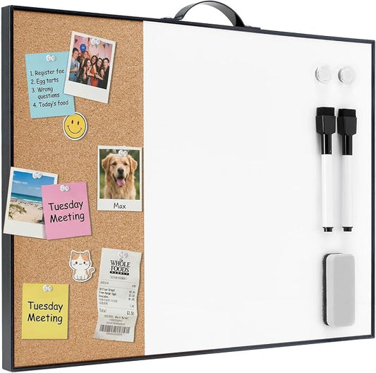 Small Cork Board Whiteboard Combo - 12" X 16" Portable Aluminum Black Framed Magnetic Dry Erase Board for Wall, Mini Bulletin CorkBoard with a Handle for Office, Home and School