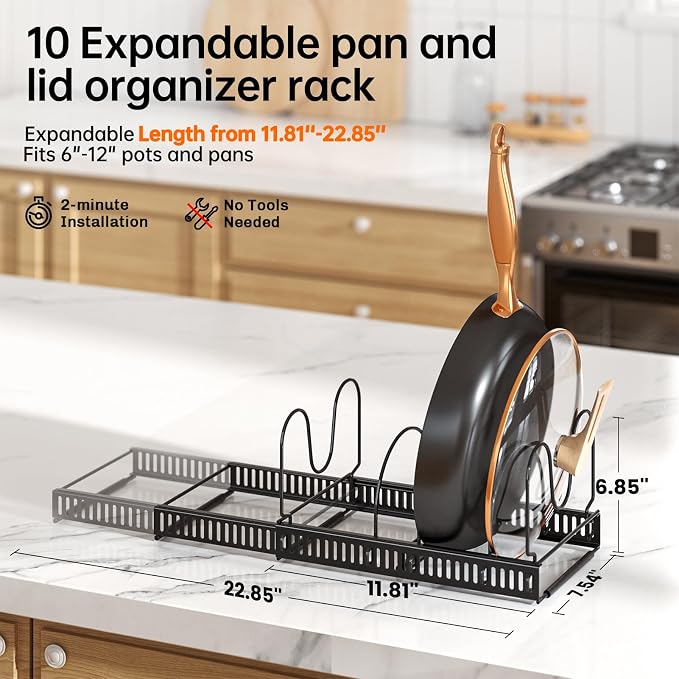 MUDEELA Expandable Pot Pan Lid Organizers inside Cabinet, 10 Divider-Black | Expandable 11.8–22.9", 10 Adjustable Divider, Tool-Free Assembly, Non-Slip, Scratch-Proof, For Pan Lid Cutting Board Bakeware