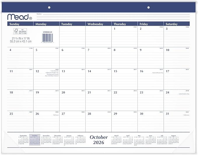 Mead 2027 Desk Pad Calendar, Monthly Desk Wall Planner, 15-Month Oct-Dec, 21.75" x 17" (CRM9202027)