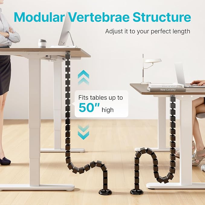 PEGZONE Under Desk Cable Management Spine, Flexible Cable Snake Organizer for Standing Desk, Screw Mounted Vertebrae Wire Management for Table, Black