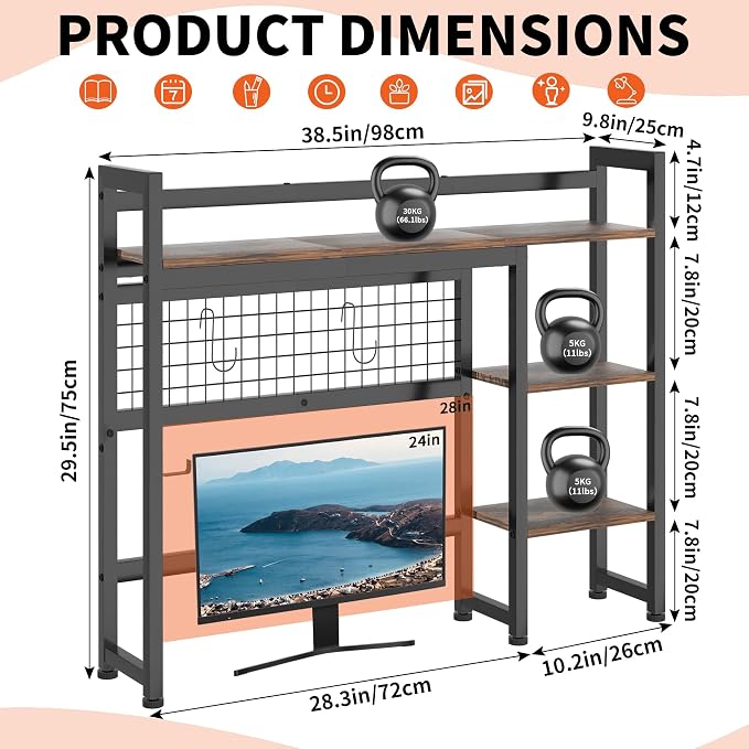 Desktop Shelf, 38.5'' Desktop Organizer Shelf for Computer Monitor, 4 Tier Hutch Storage Rack for Home Office Dorm, Rustic Brown