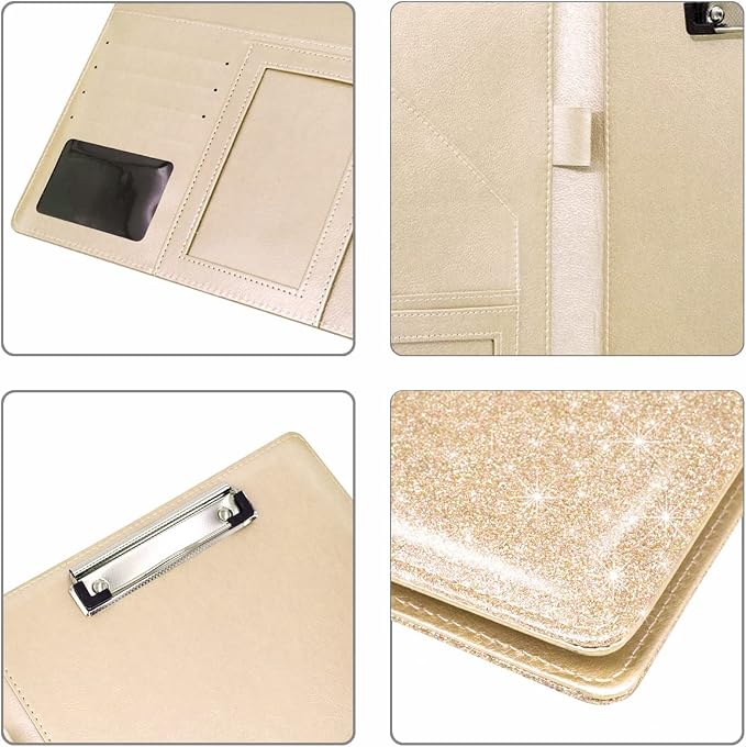 Glitter Portfolio Case, Bling Padfolio Cover for Women, Conference/Resume/Legal Document Organizer with Letter/A4 Size Clipboard Hardboard, Business Card Holders, Champagne