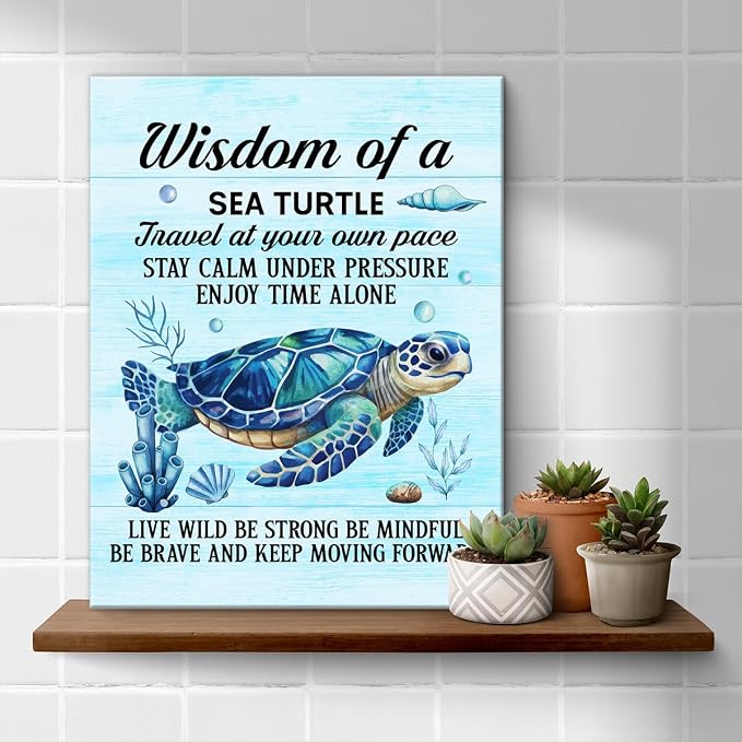 Sea Turtle Wall Art Decor Inspirational Wall Decor Posters Beach Themed Decoration for Bathroom Bedroom Living Room Home Office, Sea Turtle Gifts for Turtles Lovers (8 X 10 Inches, Framed)