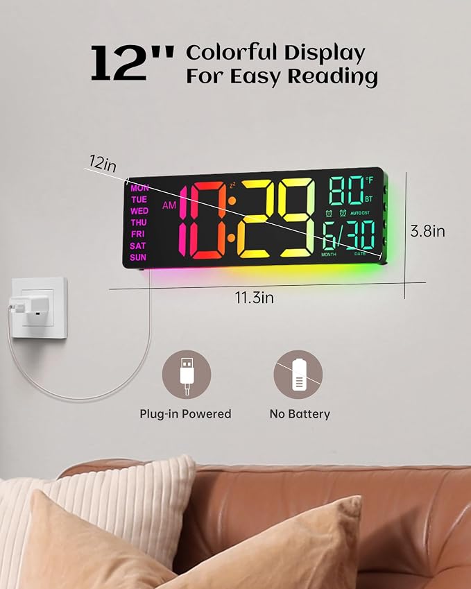 EASYERA 12" Digital Wall Clock for Classroom Livingroom Game Home Decor | LED Display RGB Lights, BIuetooth Sync, Dual Alarms, Auto DST, Countdown, Remote Control, Temperature