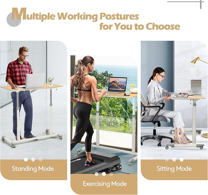 COSTWAY Mobile Height Adjustable Standing Desk, Compact Pneumatic Sit to Stand Computer Desk w/Lockable Casters, Ergonomic Rolling Laptop Table w/Steel Frame for Home Office (Natural)