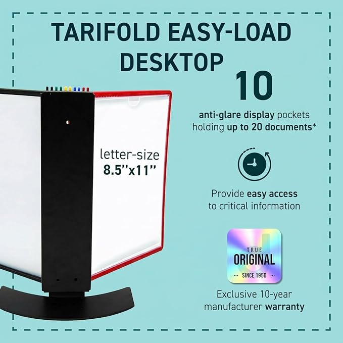 Tarifold Desktop Reference & Display System, 10 Double-Sided Pockets, 20 Sheet Capacity, Durable Metal Base, Easy-Load Polypropylene Pockets, Letter-Size, Made in Denmark, Assorted Colors