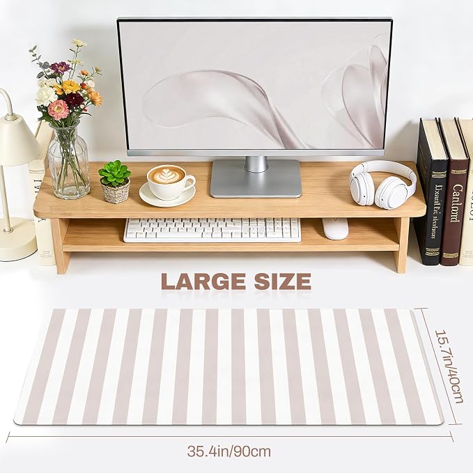 Beige Desk Mat Cute Kawaii PU Leather XXL Large Mouse Pad Striped Pastel Desk Pad Mat Laptop Computer Keyboard and Mouse Mat Home Office Decor for Women Girls