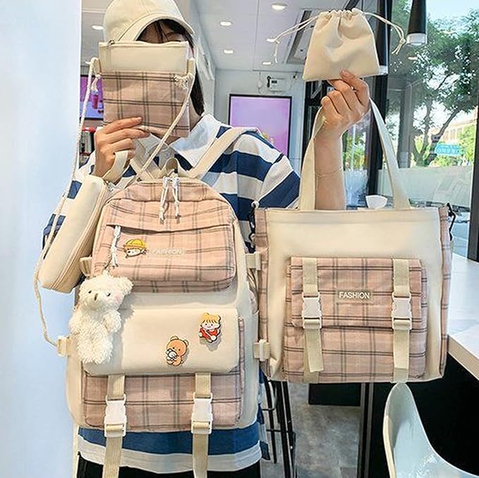 Aobiono 5Pcs Kawaii Plaid Backpack Set Aesthetic Preppy Cute Check with Pins Bear Pendant Light Academia School Supplies Kit