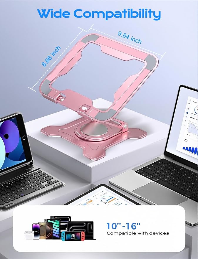 JCZT Adjustable Laptop Stand, 360° Rotating Base Ergonomic Computer Stand, Foldable Laptop Stand for Desk for Office Home Fits Compatible with MacBook Pro Air (10-16") - Pink