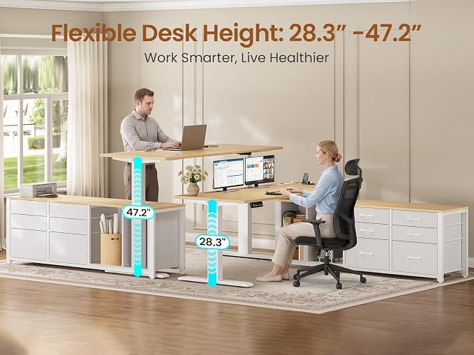 SEDETA L Shaped Electric Standing Desk, 55" x 55" Height Adjustable Office Executive Desk with 6 Fabric Drawers and Storage Shelves, Sit Stand Computer Desk with Power Outlet