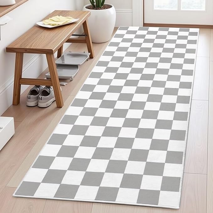 Terrug Grey and White Checkered Area Rug for Kitchen,2x6 Runner Rugs Washable with Non Slip for Bedroom,Soft Low Pile Stain Resistance Retro Carpet for Entryway Hallway