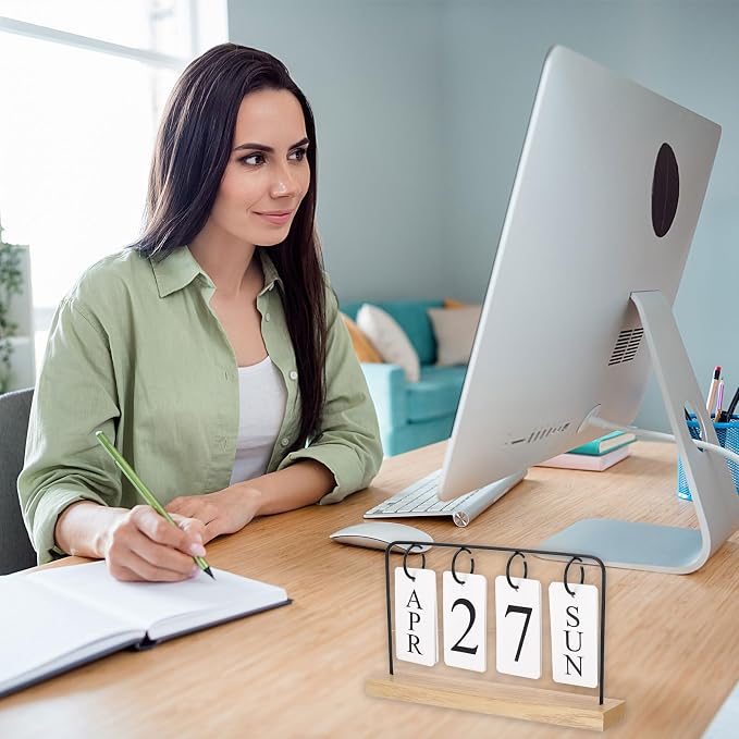 PATIKIL Vintage Wood Perpetual Calendar, Wooden Flip Calendar Turn Page Month Date Display for Desk Office Home Room Decoration, Black